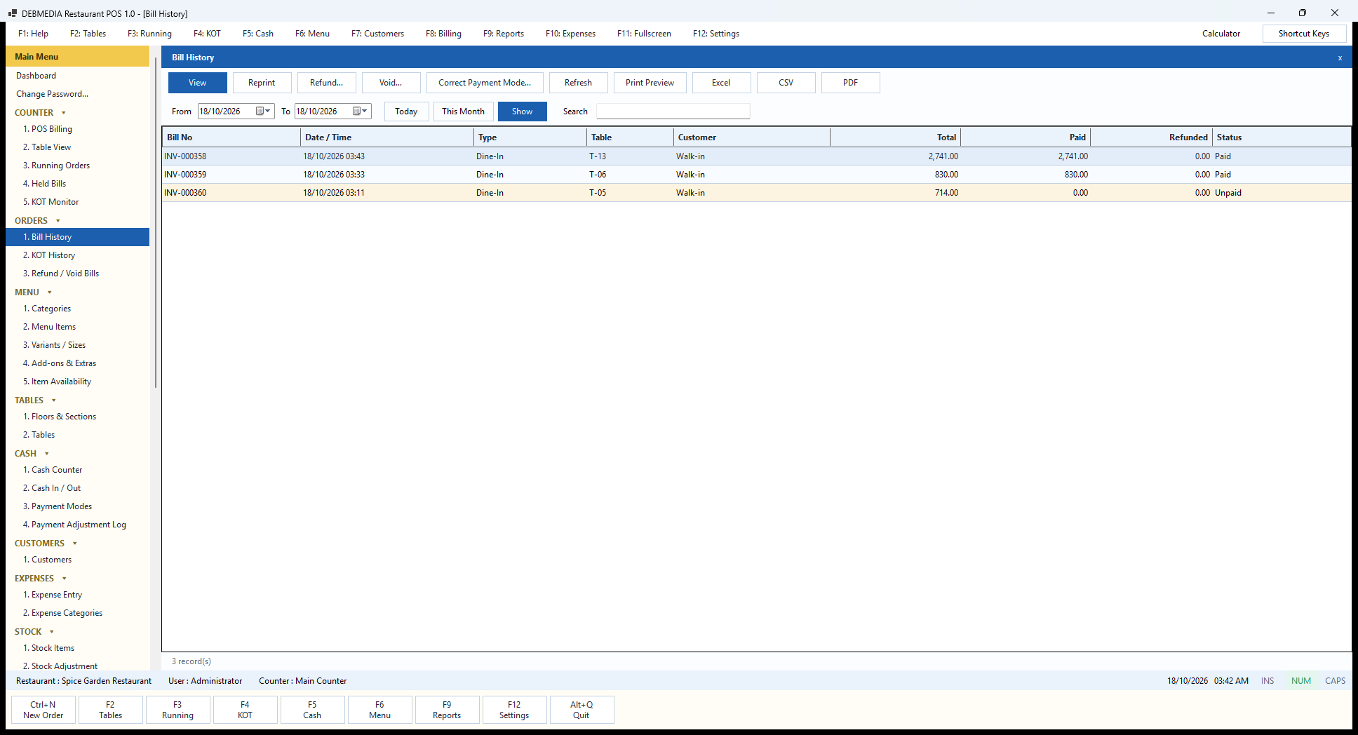 Debmedia Restaurant POS Bill History: Bill History: every bill in a date range with number, time, type, table, customer, total, paid, refunded and status, plus View, Reprint, Refund, Void, Correct Payment Mode and export buttons.