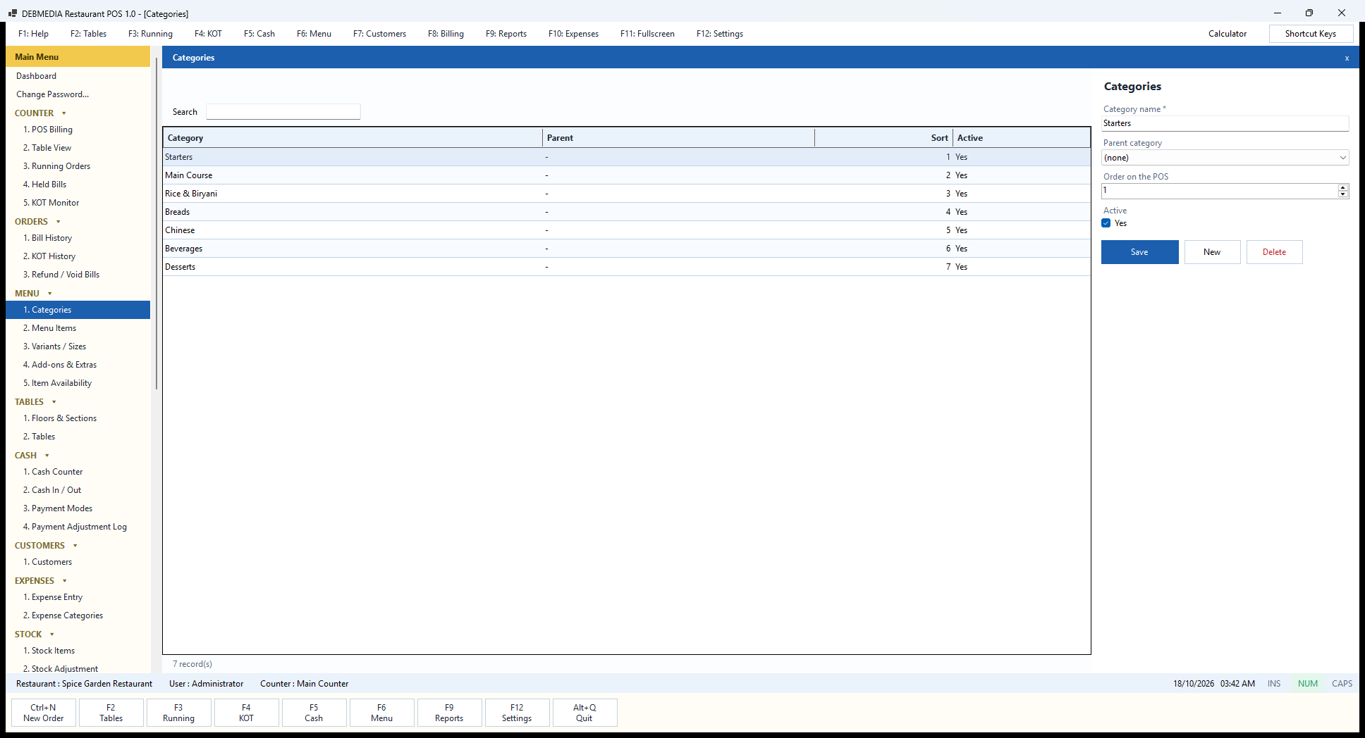 Debmedia Restaurant POS Categories: Categories: the list of menu categories with parent, sort order and active flag, and the form to add or change one.