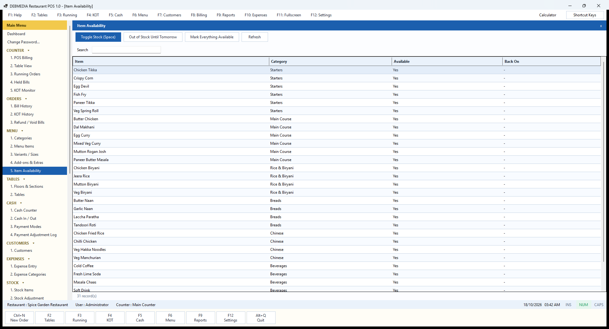 Debmedia Restaurant POS Item Availability: Item Availability: a quick list of every menu item with an available flag and a back-on date, with buttons to toggle stock, mark out of stock until tomorrow and mark everything available.