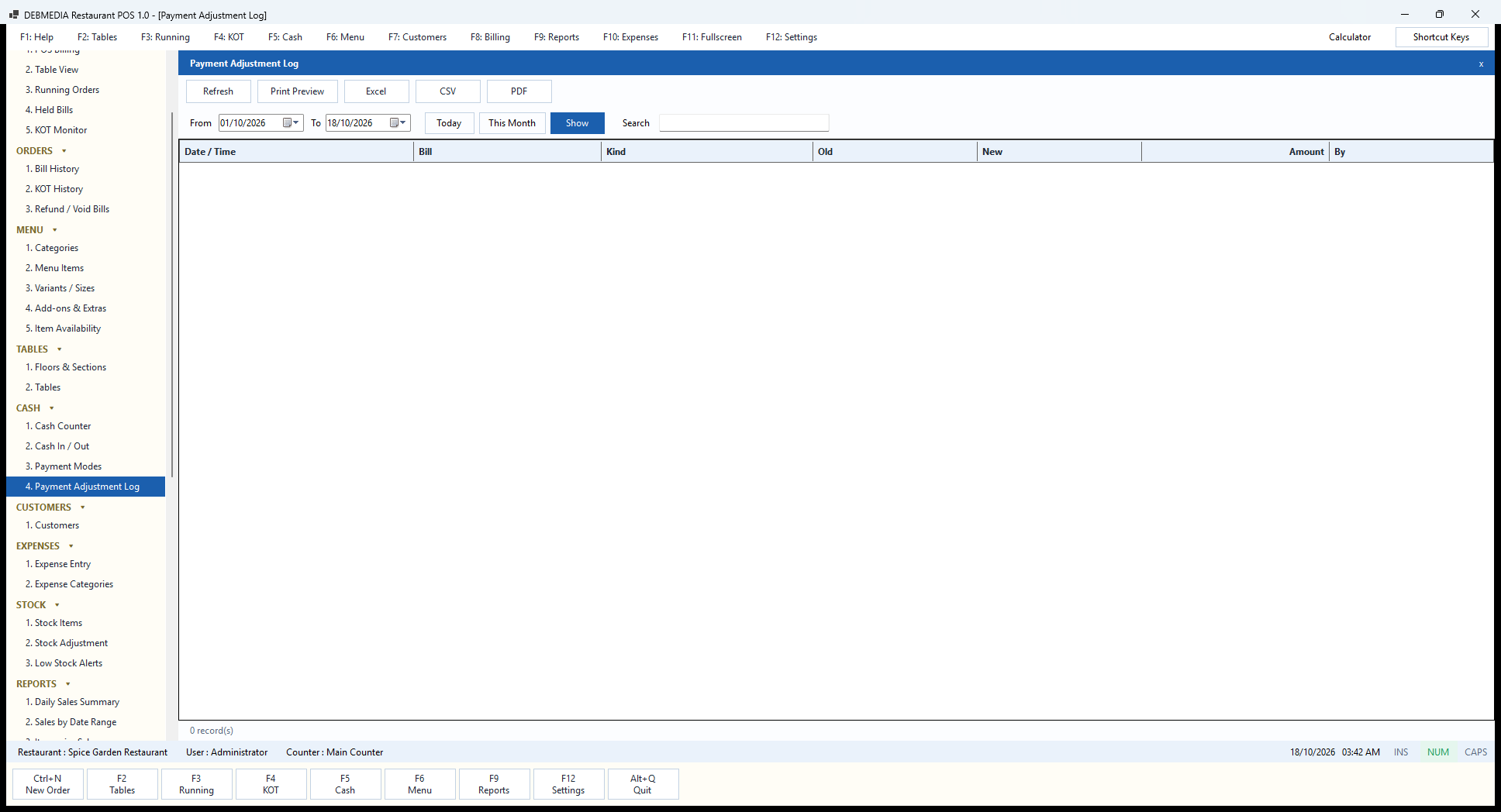 Debmedia Restaurant POS Payment Adjustment Log: Payment Adjustment Log: the register of corrections made to the payment mode of a bill, with old mode, new mode, amount and user; empty in the sample.