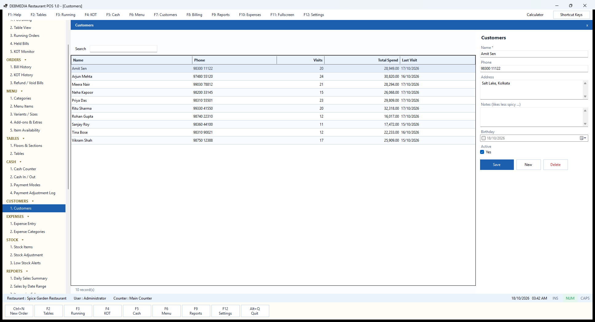 Debmedia Restaurant POS Customers: Customers: the customer list with phone, visits, total spend and last visit, and the form for name, phone, address, notes, birthday and active.