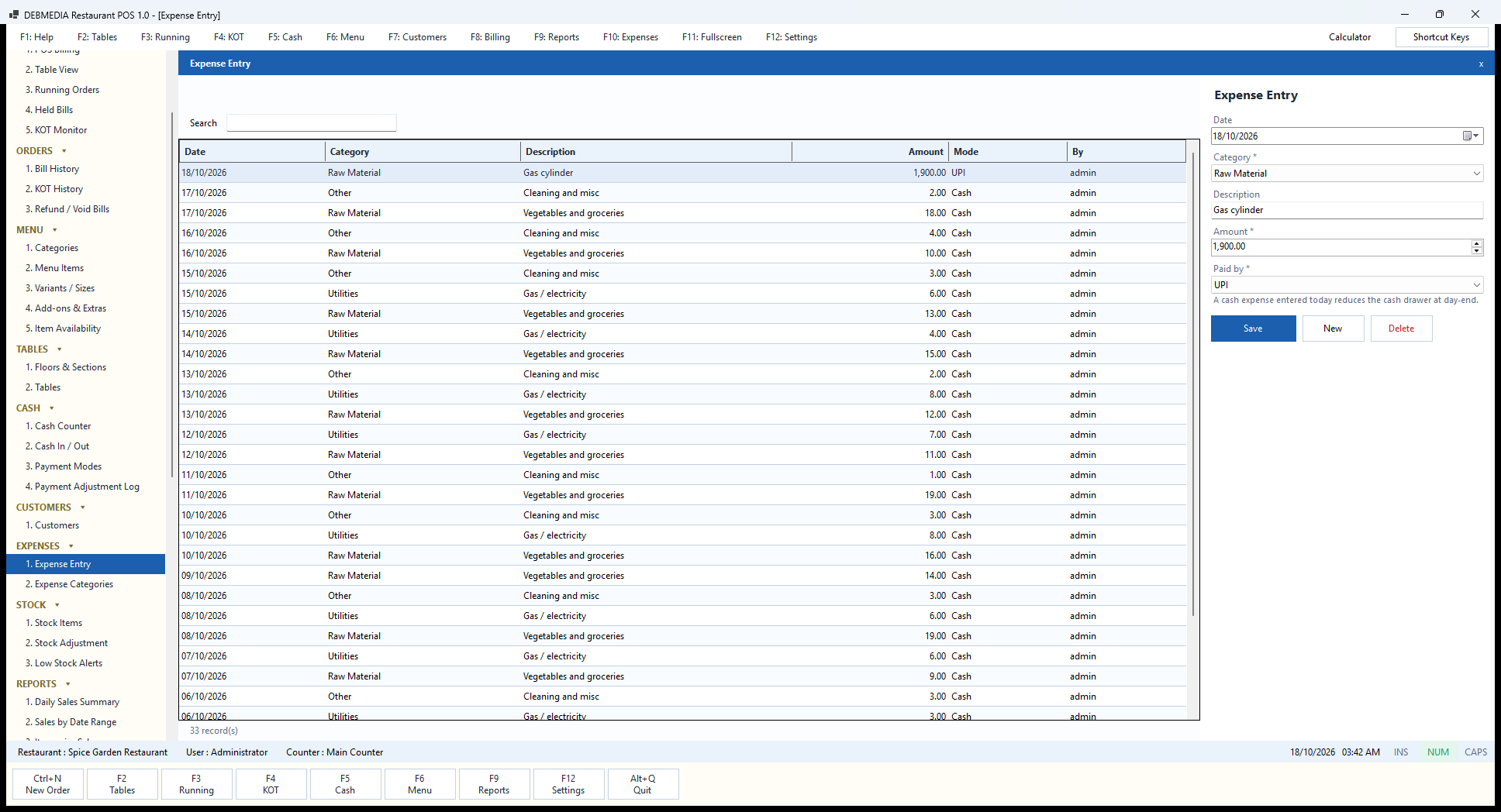 Debmedia Restaurant POS Expense Entry: Expense Entry: the list of expenses with date, category, description, amount, payment mode and user, and the form to record a new one.