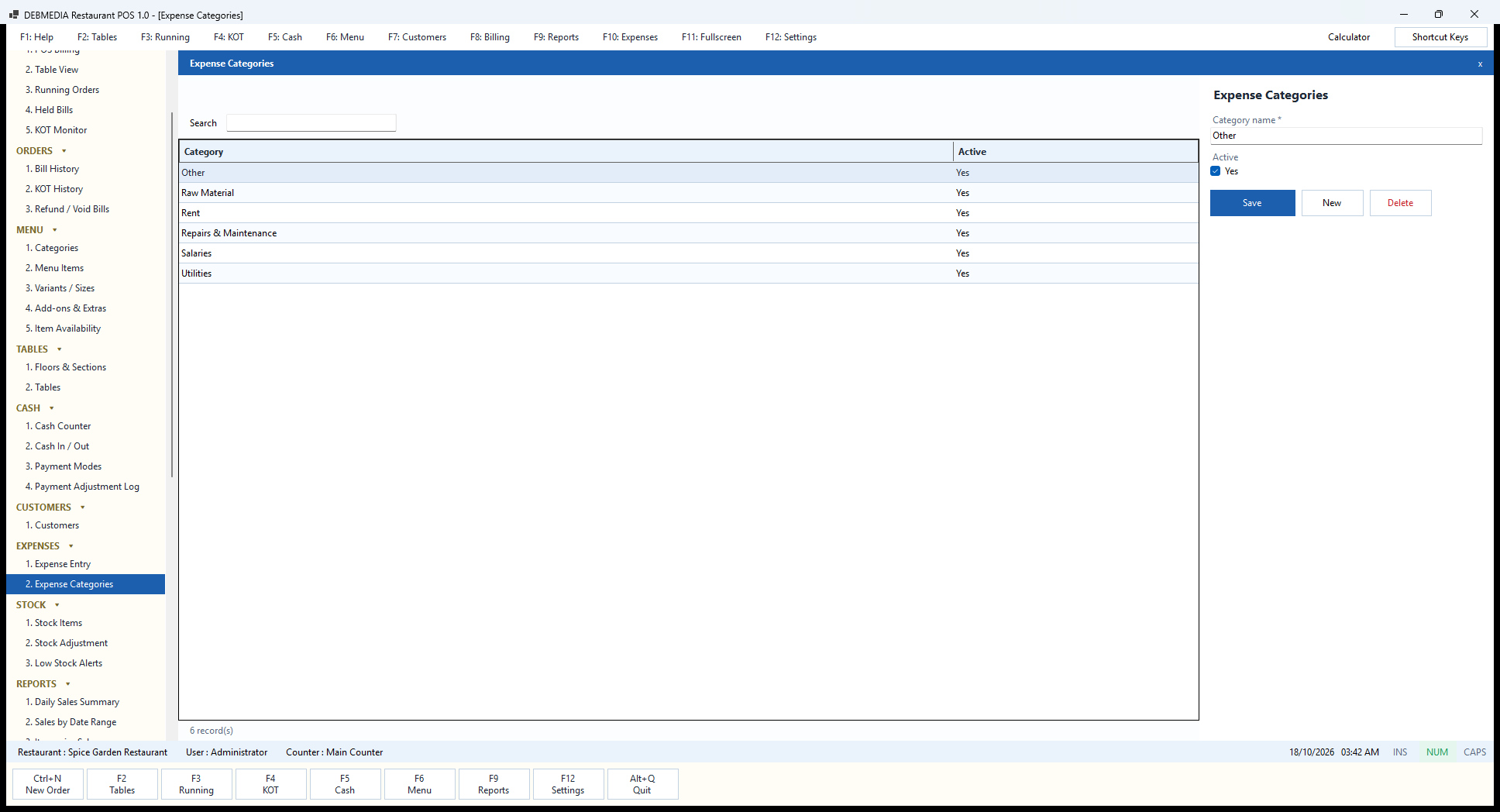 Debmedia Restaurant POS Expense Categories: Expense Categories: the six expense categories, Other, Raw Material, Rent, Repairs & Maintenance, Salaries and Utilities, with an active flag.