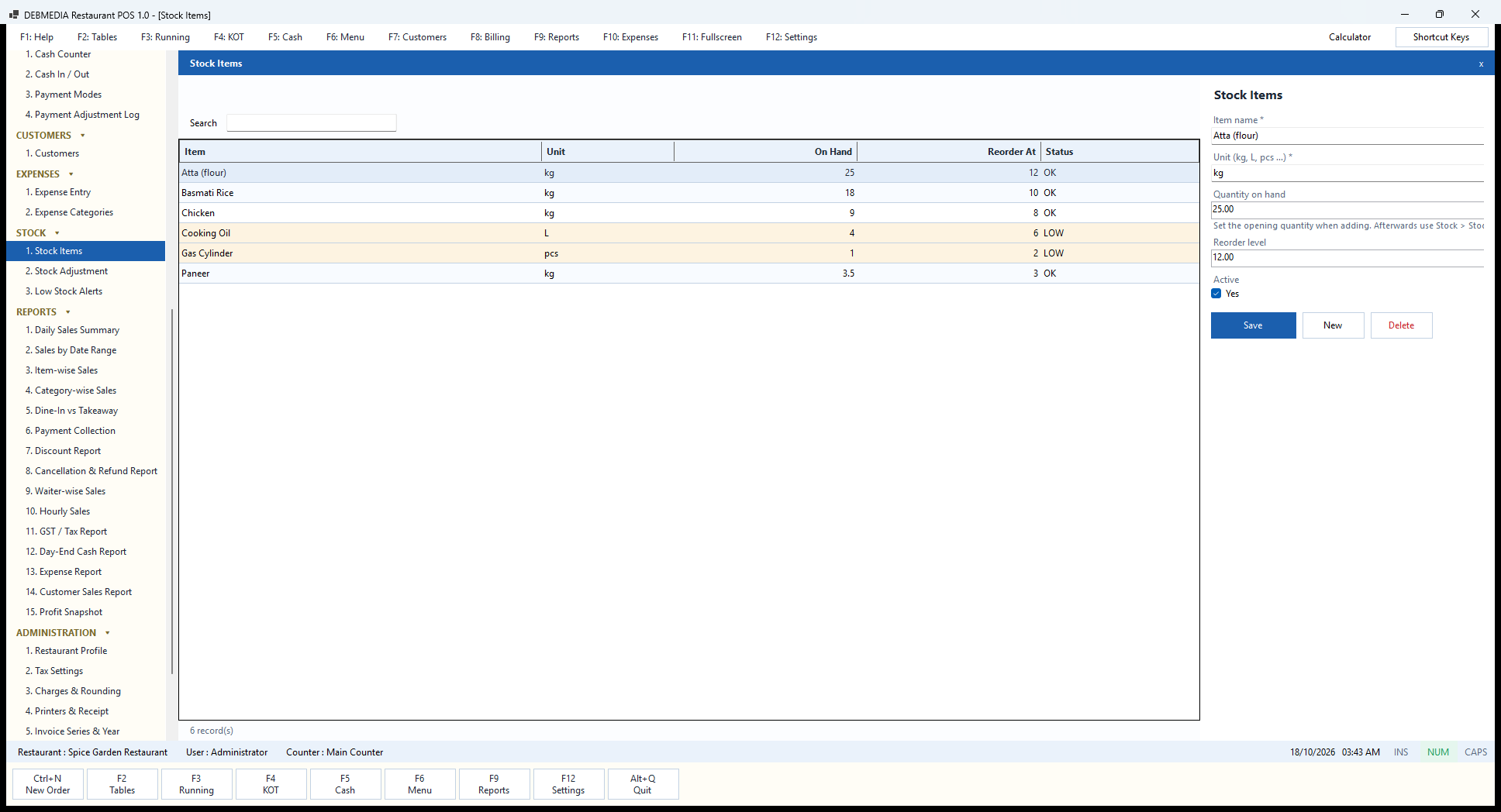 Debmedia Restaurant POS Stock Items: Stock Items: raw-material items with unit, quantity on hand, reorder level and a status flag that shows OK or LOW, and the form to add or change one.
