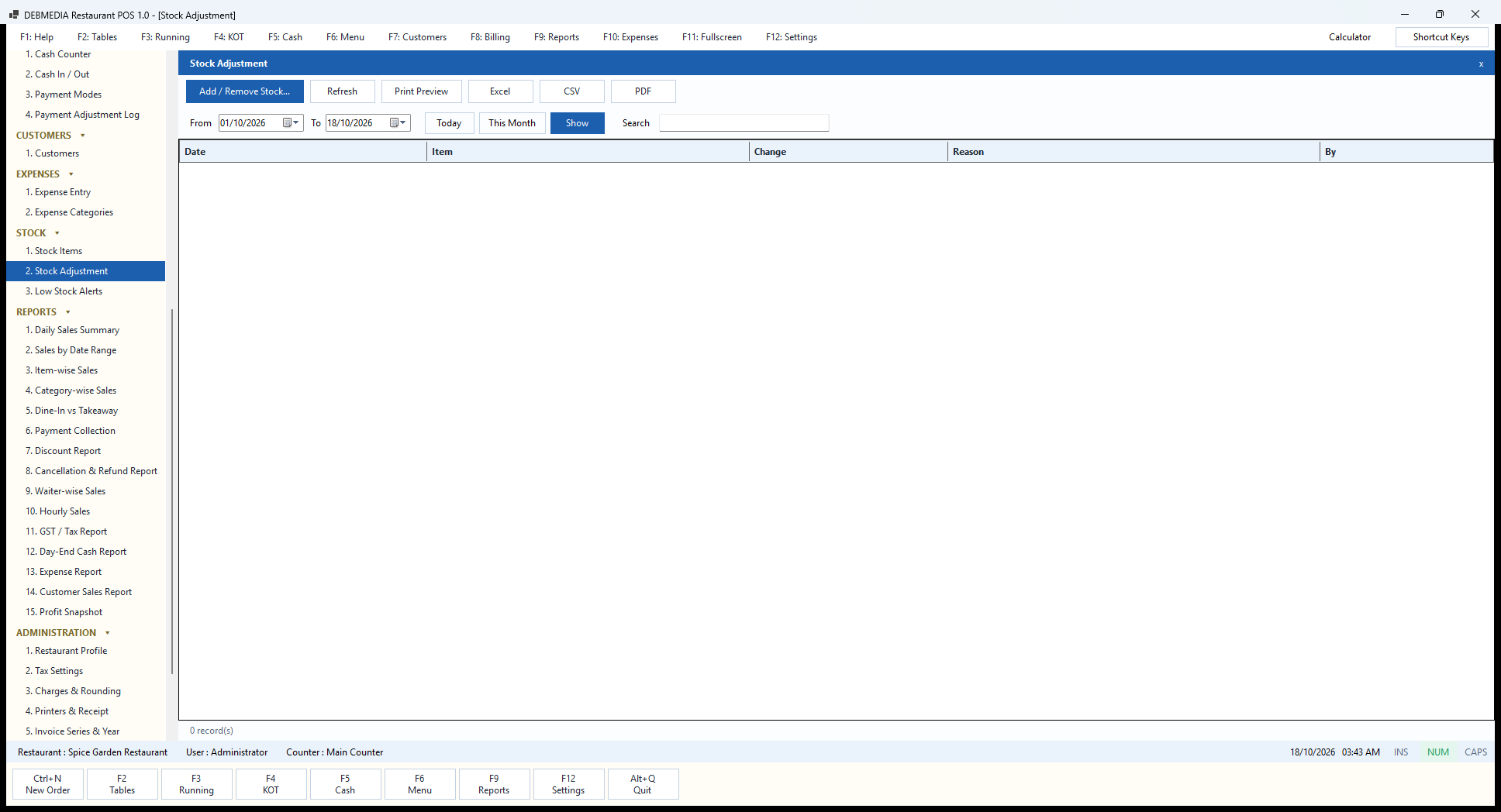 Debmedia Restaurant POS Stock Adjustment: Stock Adjustment: the register of stock changes with date, item, change, reason and user, and the Add / Remove Stock button; empty in the sample.
