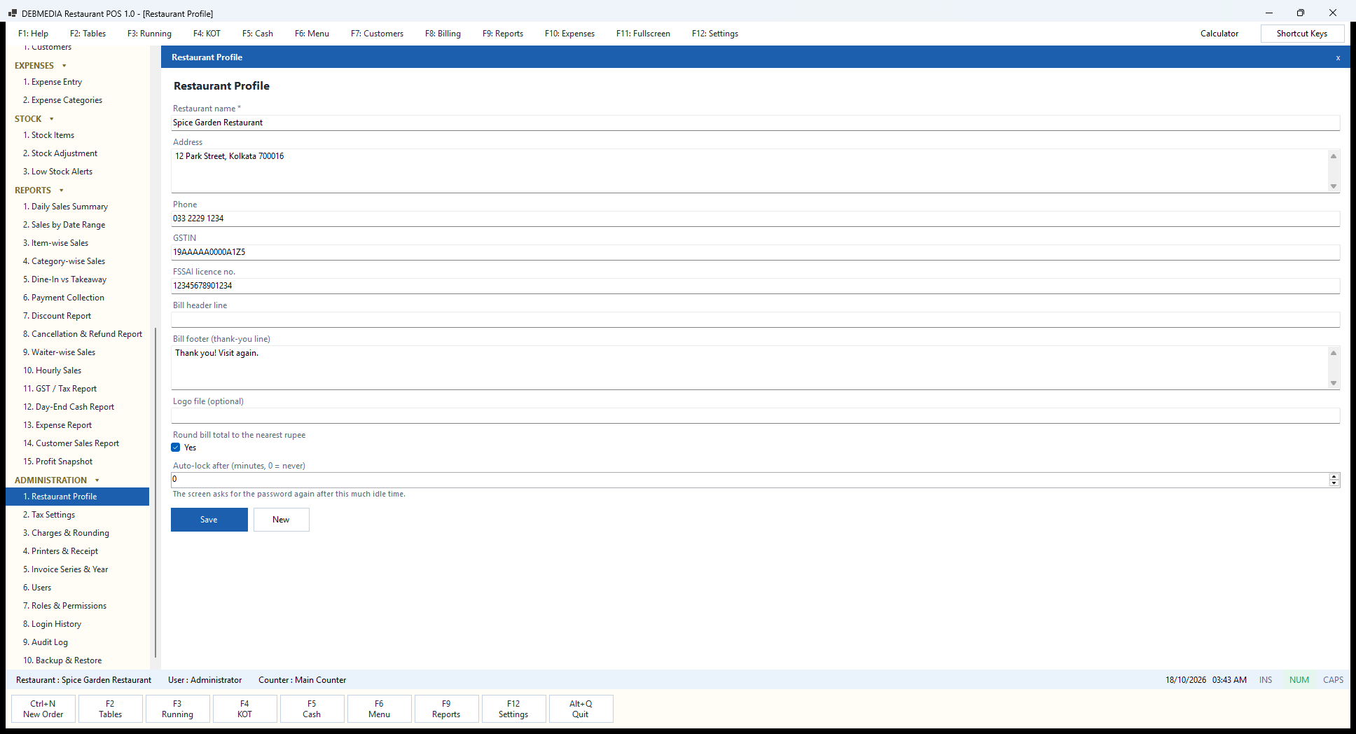 Debmedia Restaurant POS Restaurant Profile: Restaurant Profile: restaurant name, address, phone, GSTIN, FSSAI licence number, bill header and footer lines, logo file, round-off option and auto-lock minutes.