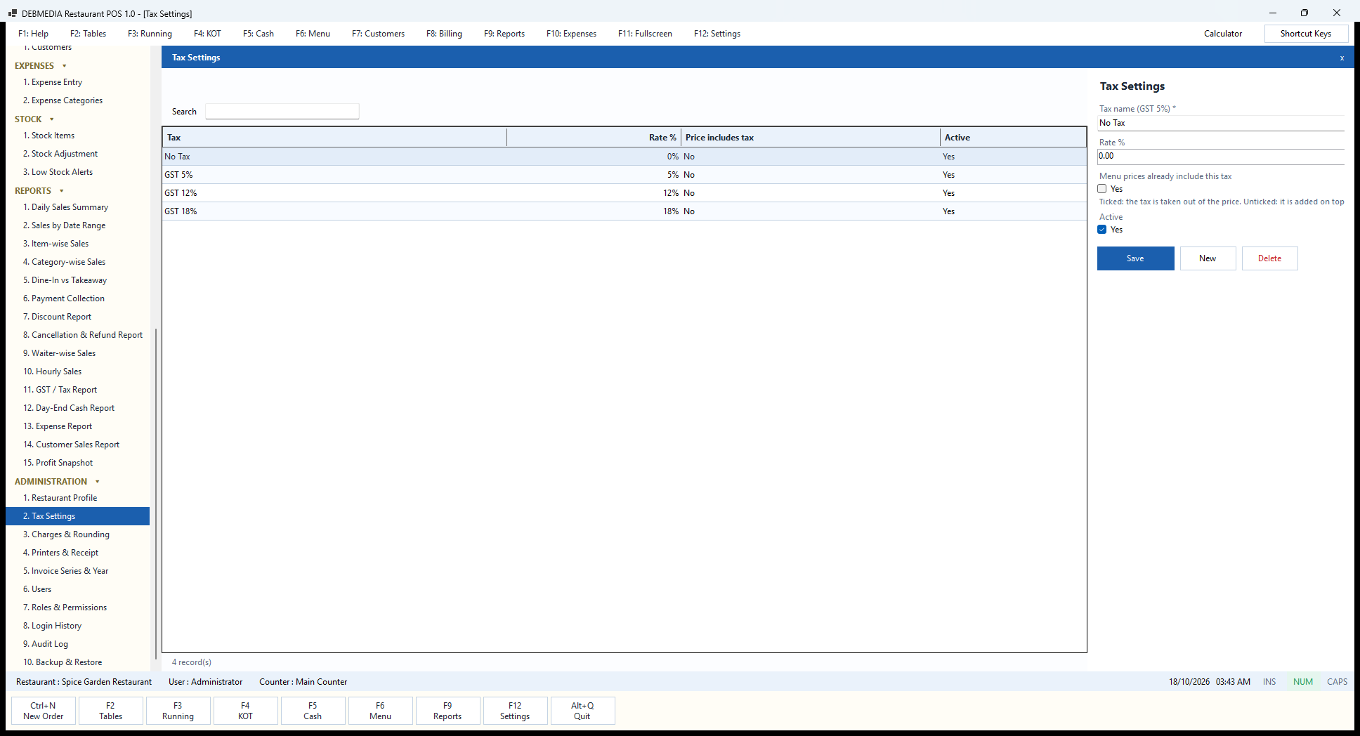 Debmedia Restaurant POS Tax Settings: Tax Settings: the tax rates available to menu items, with rate, whether prices include the tax and an active flag.