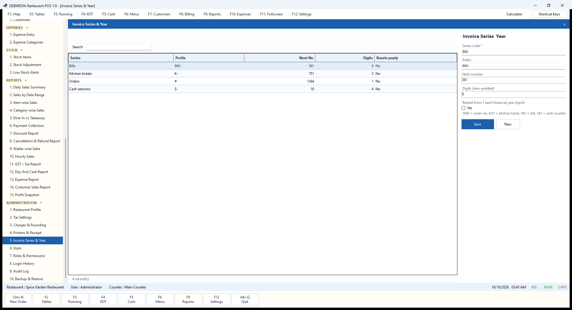 Debmedia Restaurant POS Invoice Series & Year: Invoice Series & Year: the number series for bills, kitchen tickets, orders and cash sessions with prefix, next number, digits and a yearly-restart option.
