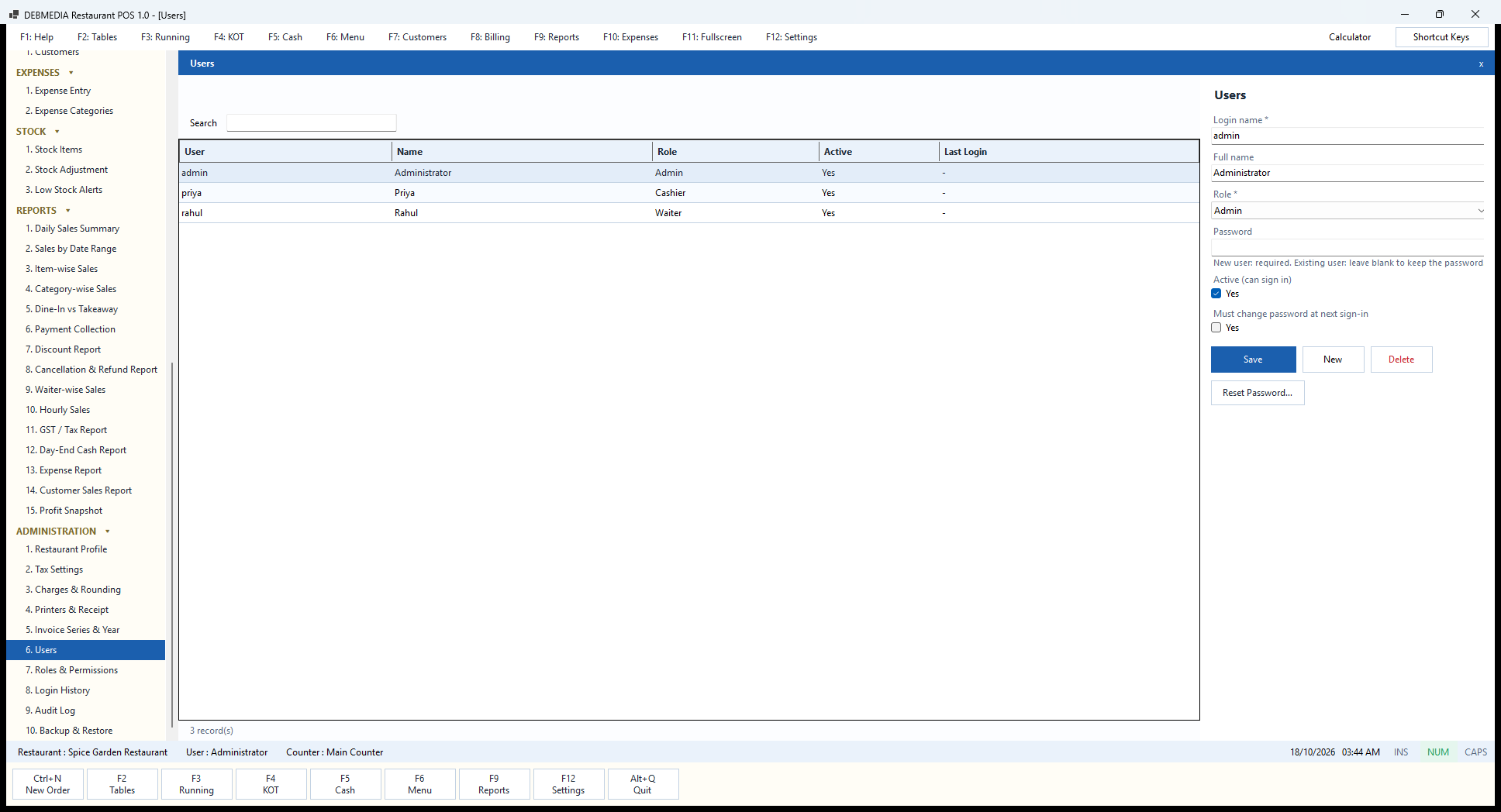 Debmedia Restaurant POS Users: Users: the staff logins with name, role, active flag and last login, and the form to add a user, change the role, force a password change or reset a password.