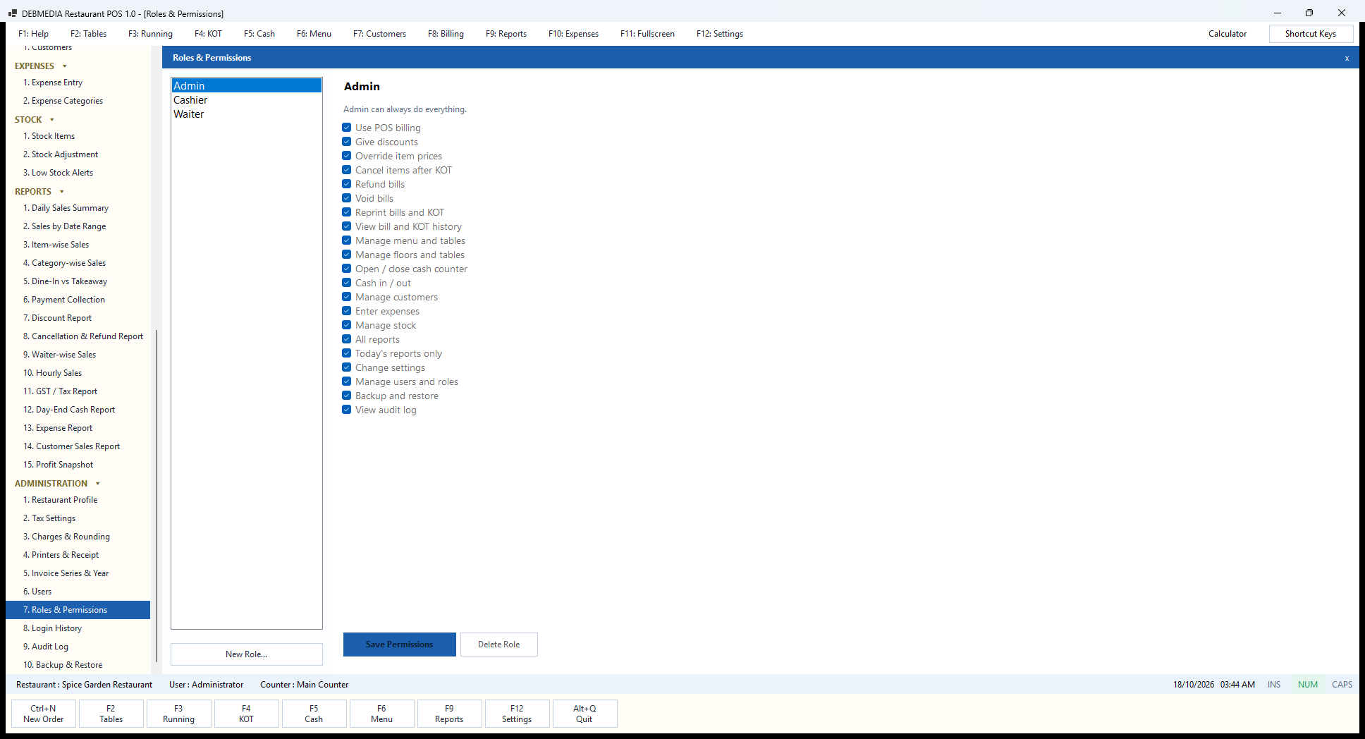 Debmedia Restaurant POS Roles & Permissions: Admin: Roles & Permissions with the Admin role selected, showing every one of the 21 permissions ticked.