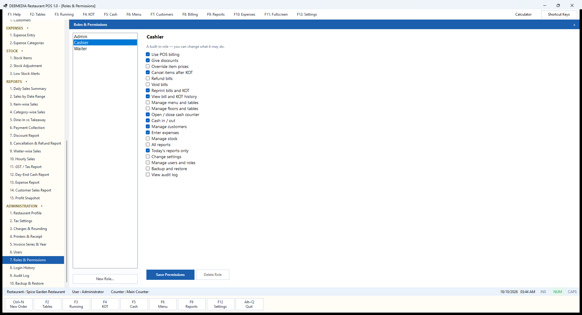 Debmedia Restaurant POS Roles & Permissions: Cashier: Roles & Permissions with the Cashier role selected, showing the built-in set of permissions that can be changed.
