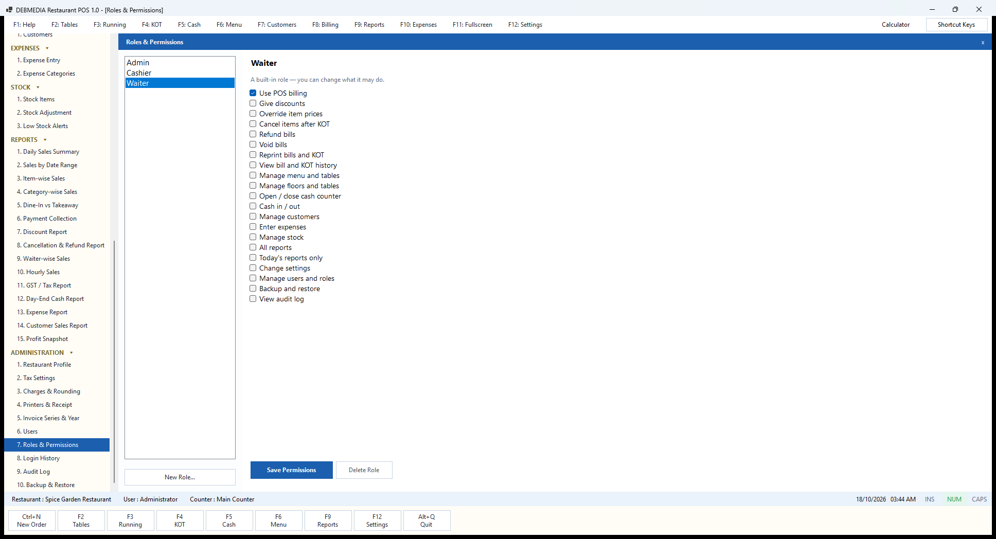 Debmedia Restaurant POS Roles & Permissions: Waiter: Roles & Permissions with the Waiter role selected, showing that only Use POS billing is ticked.