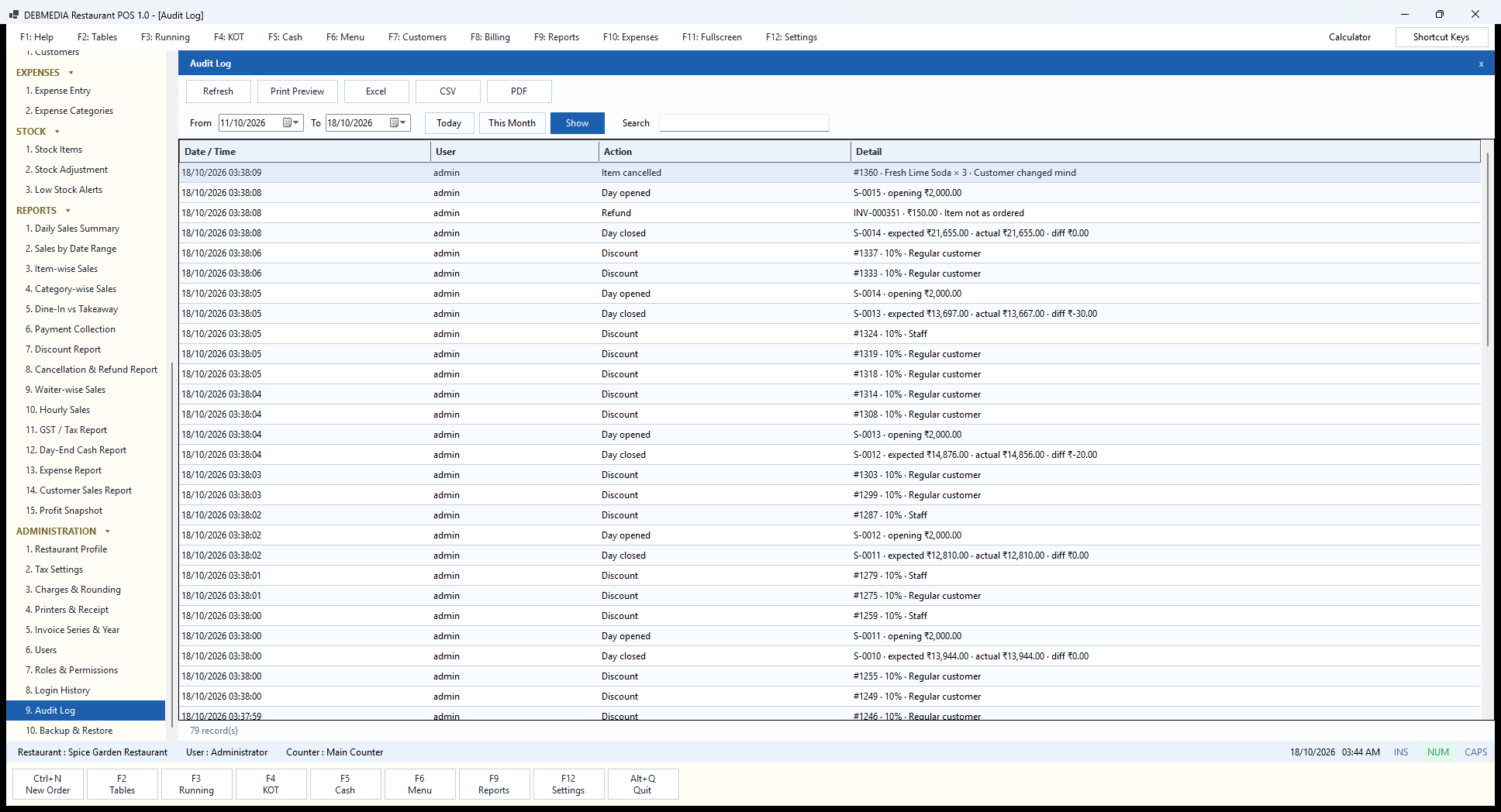 Debmedia Restaurant POS Audit Log: Audit Log: the register of sensitive actions with time, user, action and detail, such as discounts, refunds, item cancellations and cash counter openings and closings.
