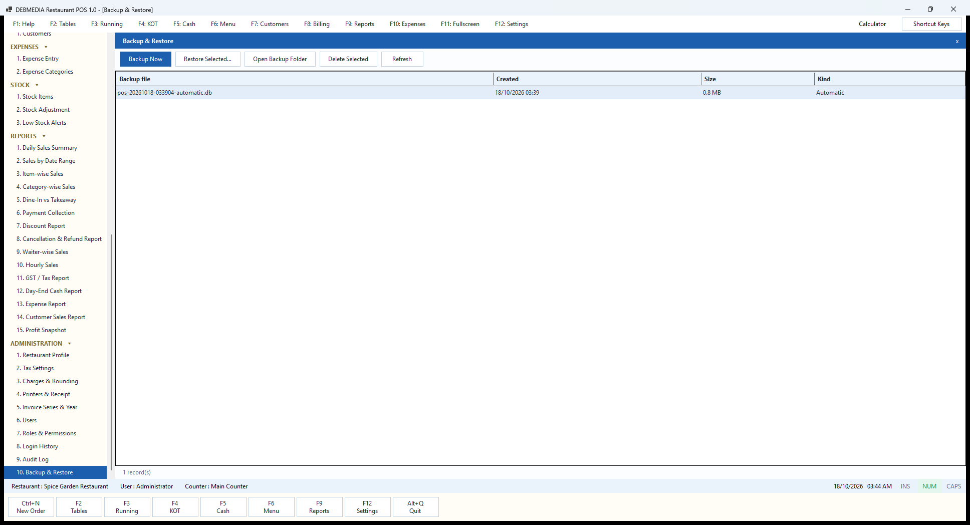 Debmedia Restaurant POS Backup & Restore: Backup & Restore: the list of backup files with name, time, size and kind, with Backup Now, Restore Selected, Open Backup Folder and Delete Selected buttons.