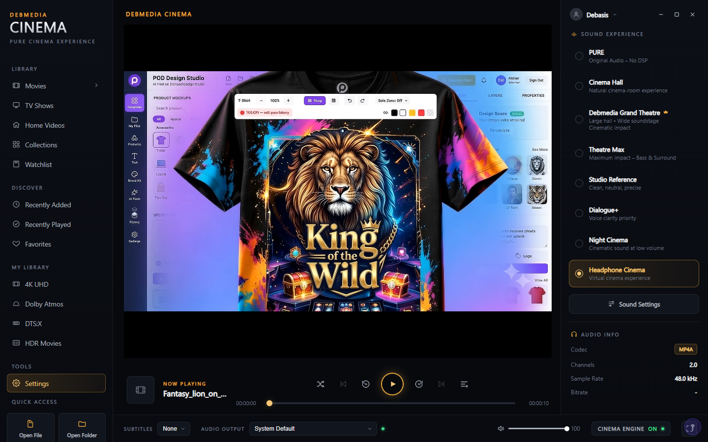 Debmedia Cinema playing a video with Headphone Cinema audio profile selected and Cinema Engine active