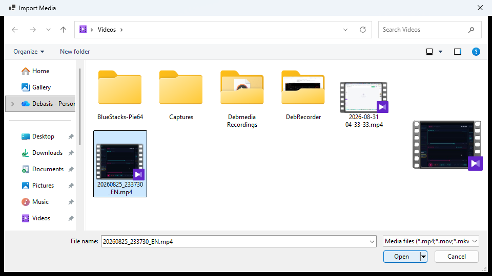 Import Media file dialog showing Videos folder with folders and MP4 files ready to import