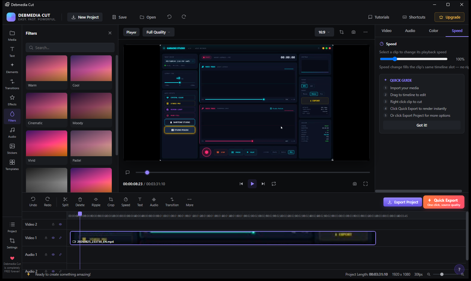 Debmedia Cut Filters panel showing Warm, Cool, Cinematic, Moody, Vivid and Pastel gradient filter previews