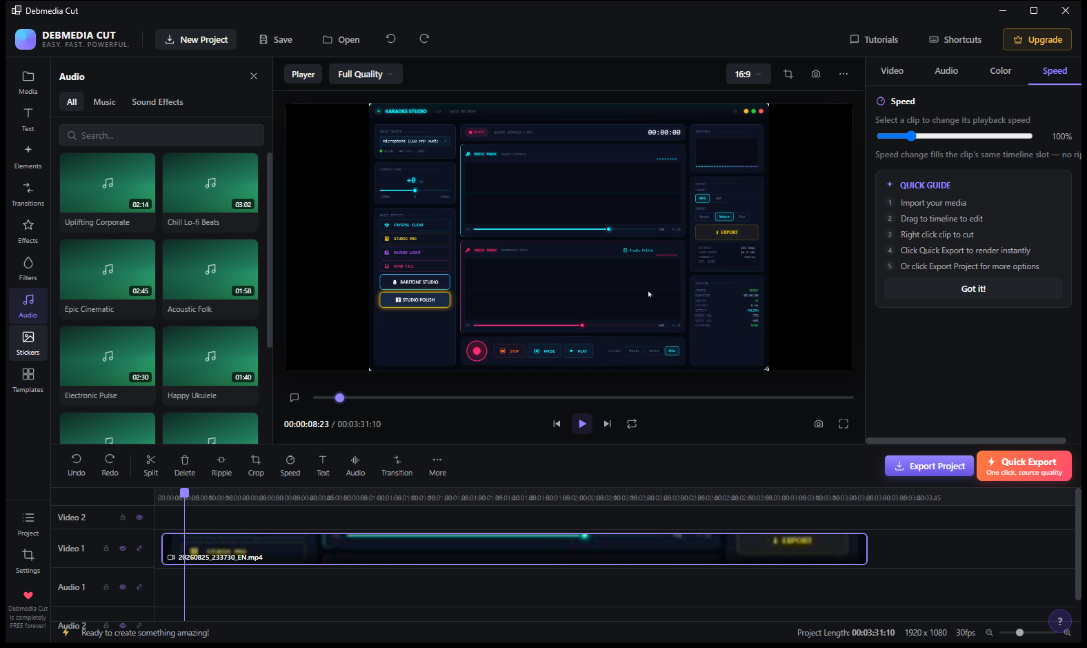 Debmedia Cut Audio panel showing the full built-in music collection with both Music and Sound Effects categories