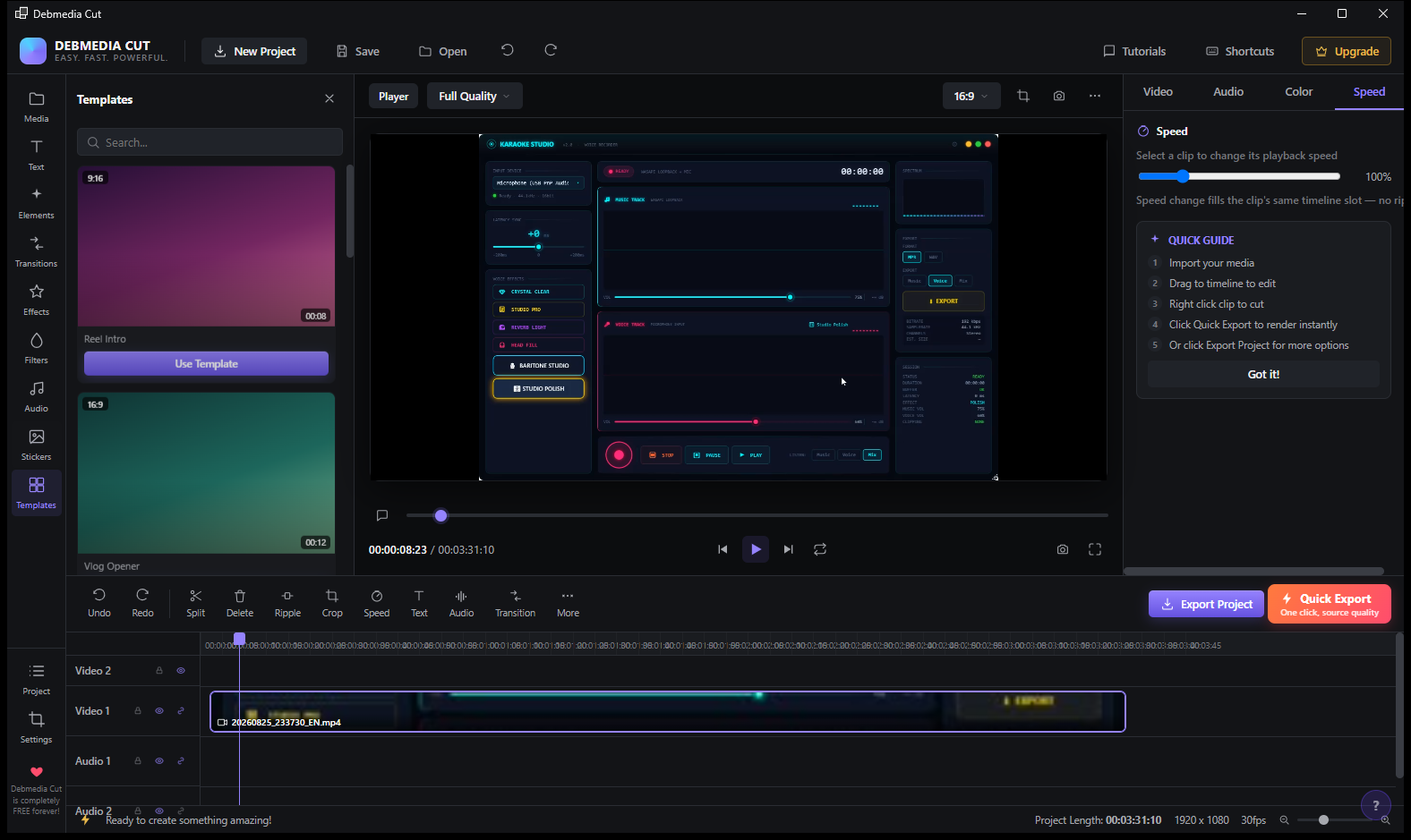 Debmedia Cut Templates panel showing Reel Intro 9:16 and Vlog Opener 16:9 templates with Use Template button