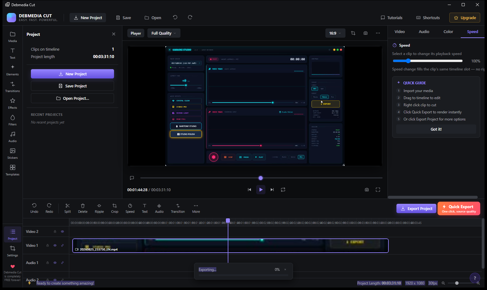 Debmedia Cut Project panel showing 1 clip on timeline, 3:31:10 length, and export starting at 0%