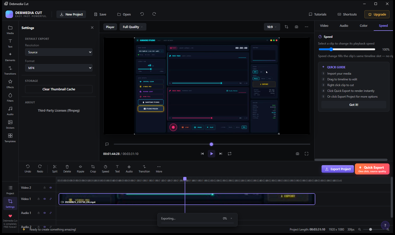 Debmedia Cut Settings panel showing default export options, thumbnail cache clear, and FFmpeg license link