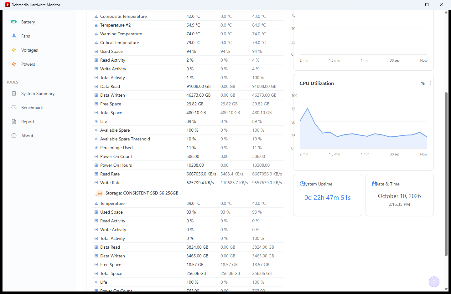 Debmedia Hardware Monitor showing NVMe SSD health data including life percentage, available spare capacity, and a second Samsung NAND device section below