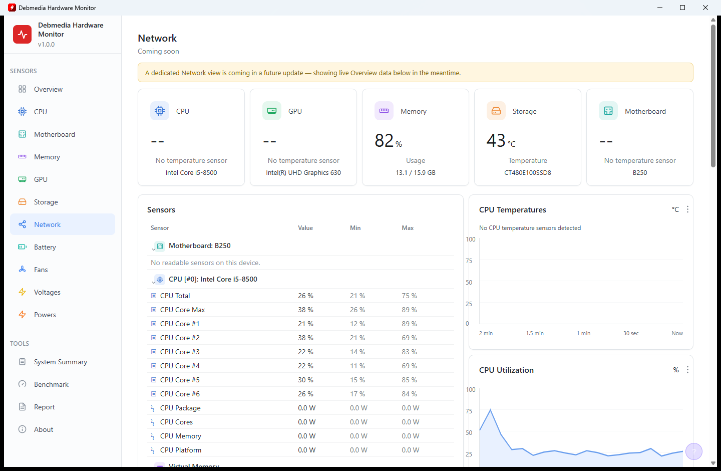 Debmedia Hardware Monitor Network section showing a yellow informational banner indicating that live download/upload monitoring is coming in a future update