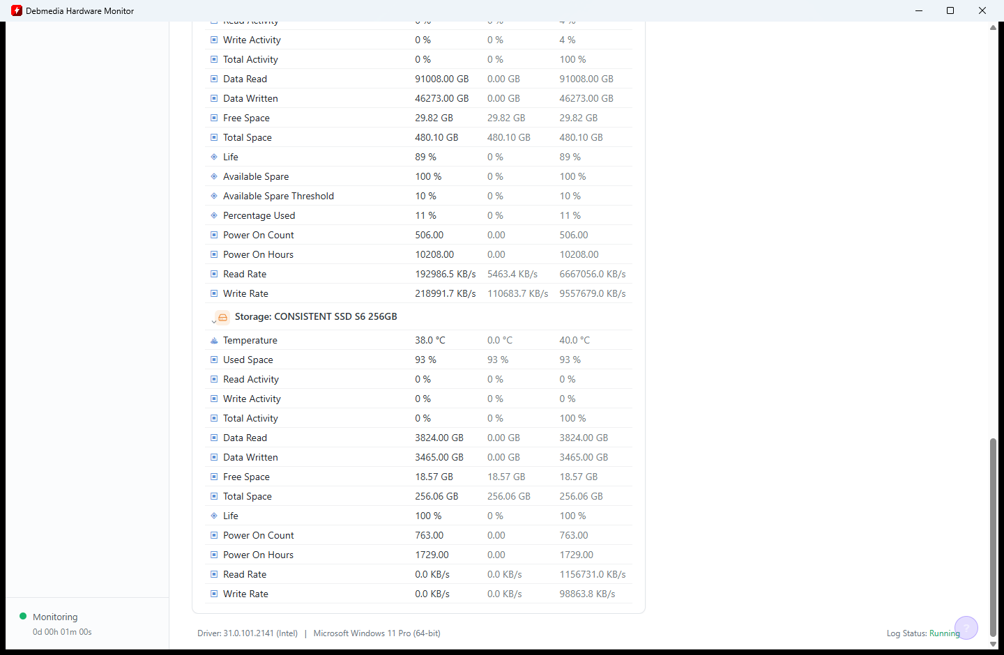 Debmedia Hardware Monitor Events section showing system event log data alongside the standard sensor table and graphs