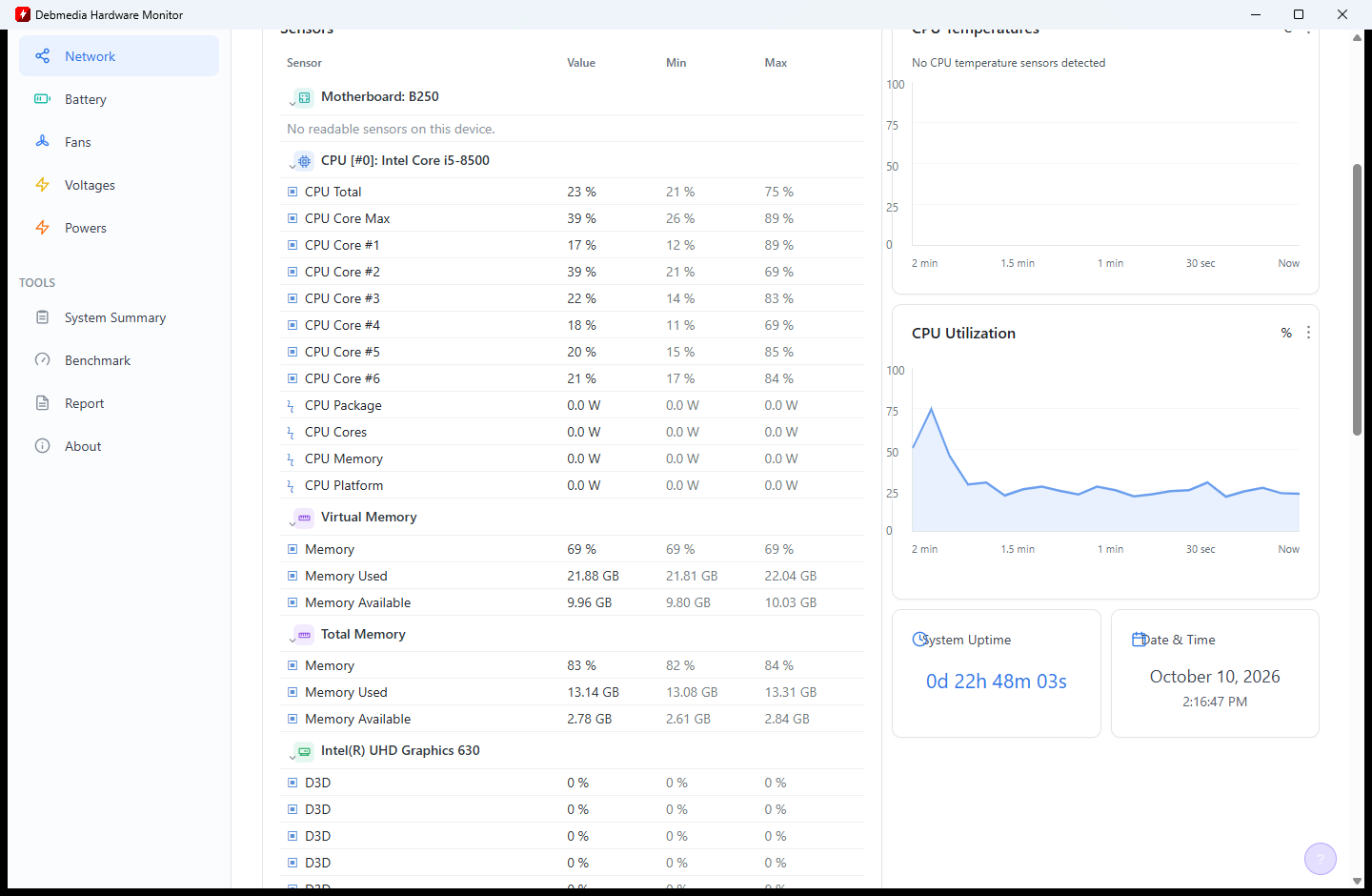 Debmedia Hardware Monitor System Summary showing all hardware sensors in one comprehensive table: CPU cores, memory, GPU, SSD data, system uptime 02d 22h 48m 53s and current date/time