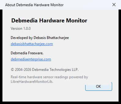 Debmedia Hardware Monitor About dialog showing Version 1.0.0, developer Debasis Bhattacharjee, Debmedia Technologies LLP, and LibreHardwareMonitor attribution