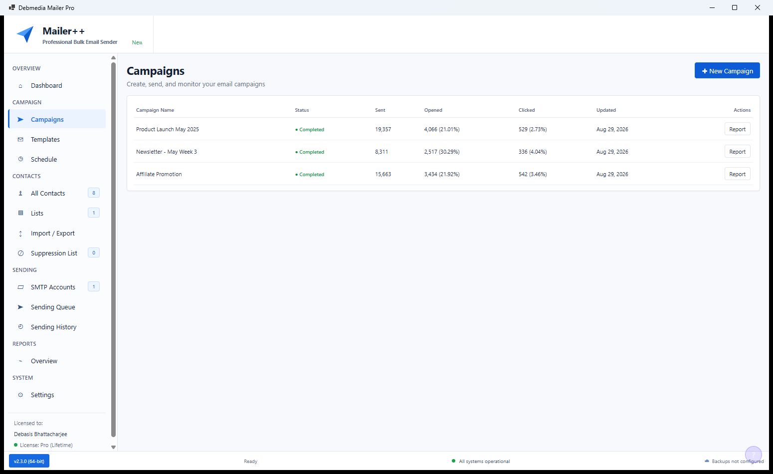 Mailer++ Campaigns tab showing the full list of email campaigns with status indicators, send dates, recipient counts and open/click statistics for each
