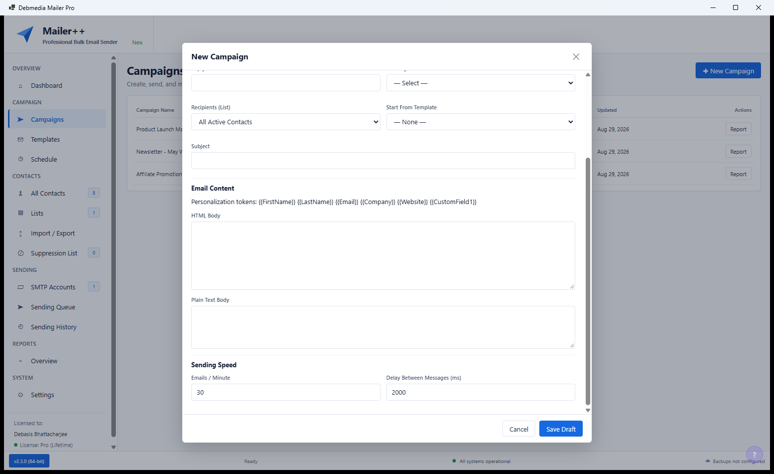 Mailer++ campaign detail view showing a configured campaign with send time scheduling options, audience summary and final review before sending
