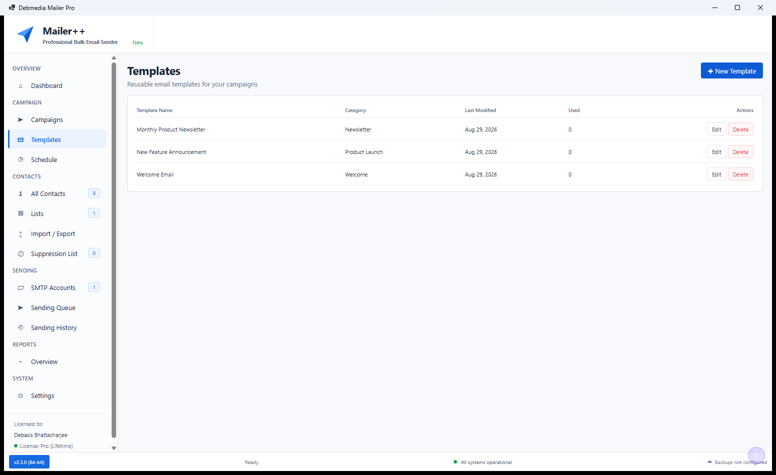 Mailer++ Templates screen showing three email templates with category labels, creation dates and thumbnail previews — Product Launch, Newsletter and Promotion