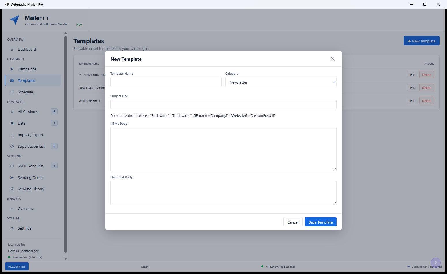 Mailer++ template editor with drag-and-drop email builder showing the canvas area, component sidebar and formatting toolbar