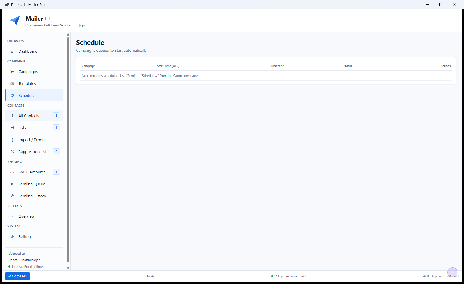 Mailer++ Lead Management showing the contact database overview with list counts, total contacts and list management options
