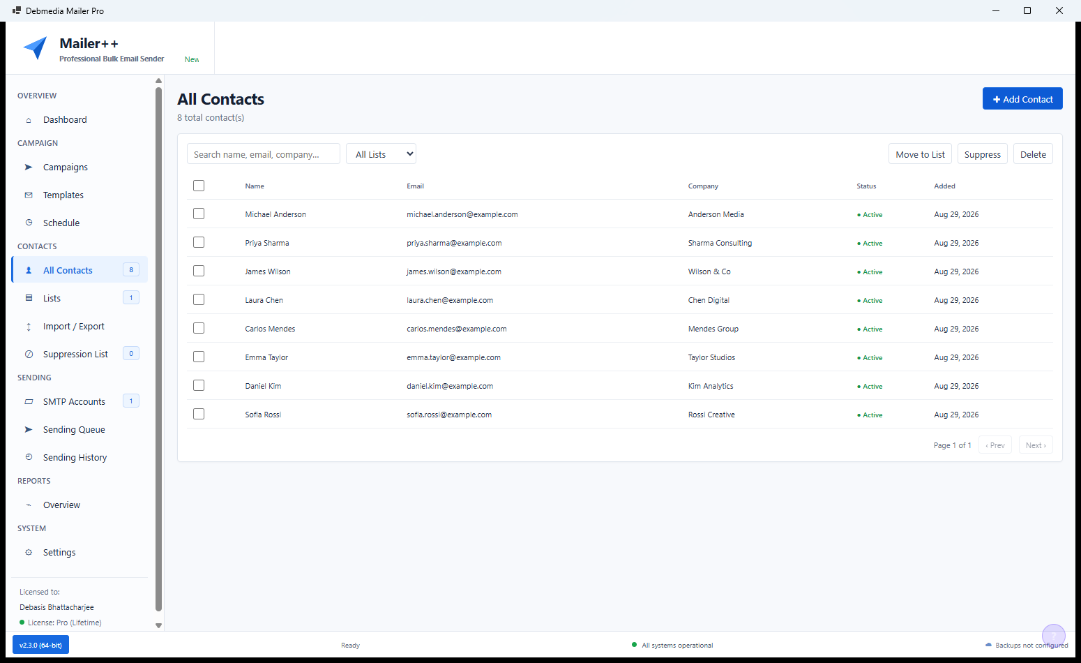 Mailer++ Import Contacts screen showing CSV file upload area, column mapping interface and import settings including duplicate handling and unsubscribe list check