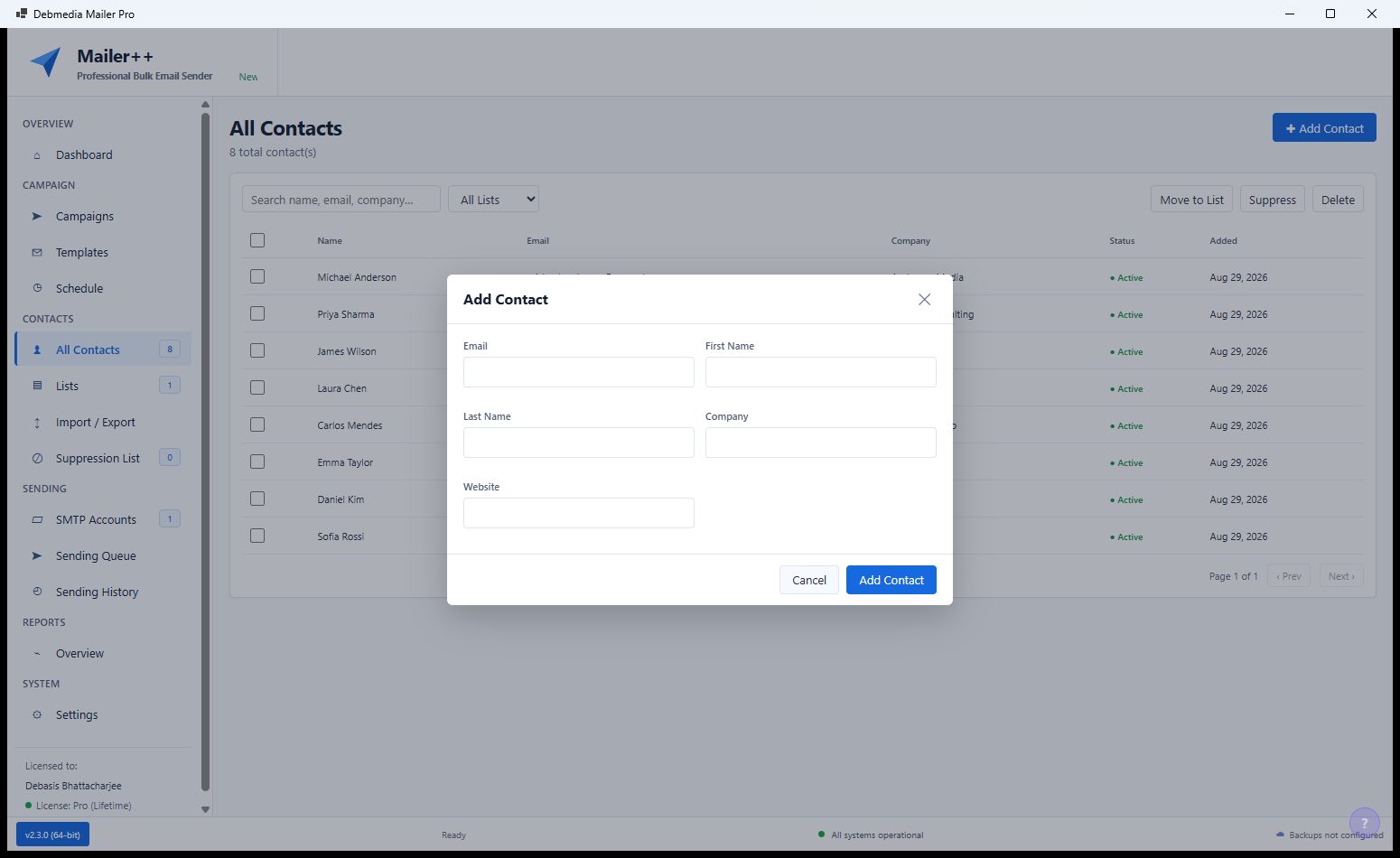 Mailer++ All Contacts view with Add Contact dialog open showing First Name, Last Name, Email and Phone fields, alongside the existing contacts table with 4 entries