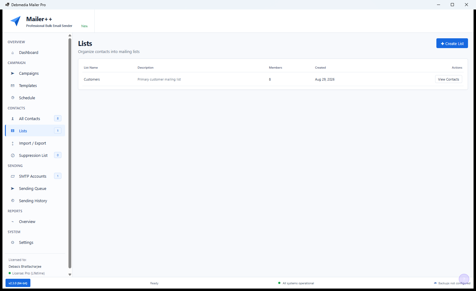 Mailer++ contacts view showing the search and filter interface for finding and managing individual contact records