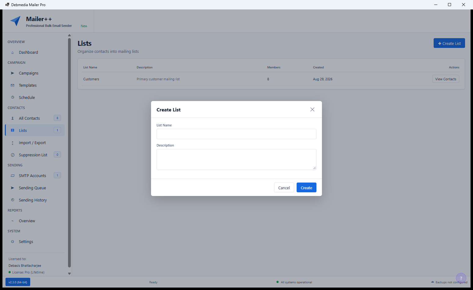 Mailer++ Segmentation screen showing segment creation with condition builder using AND/OR logic to filter contacts by fields, engagement and custom attributes