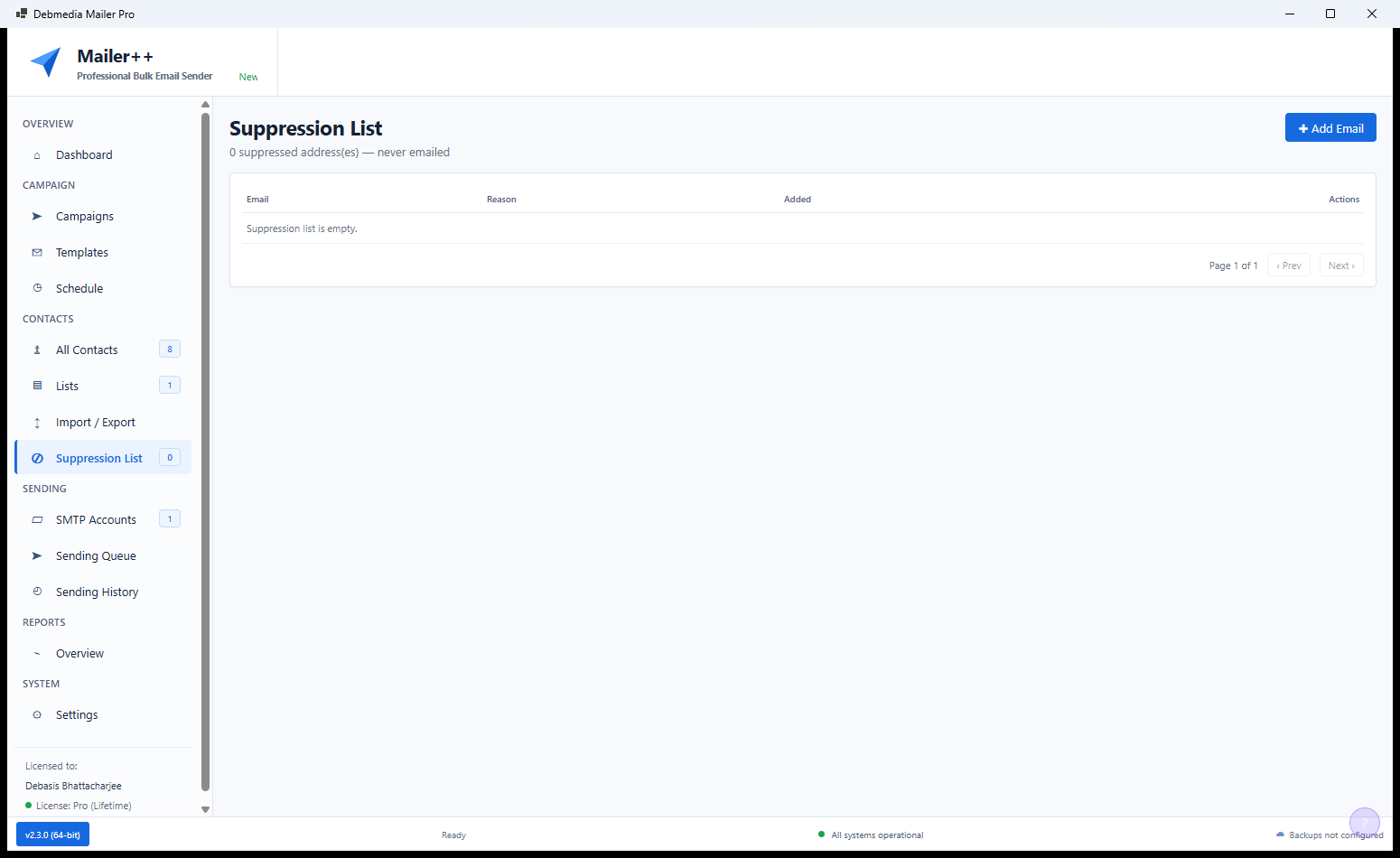 Mailer++ SMTP Settings showing SMTP host, port, username, password and encryption settings alongside a Test Connection button and connection status indicator