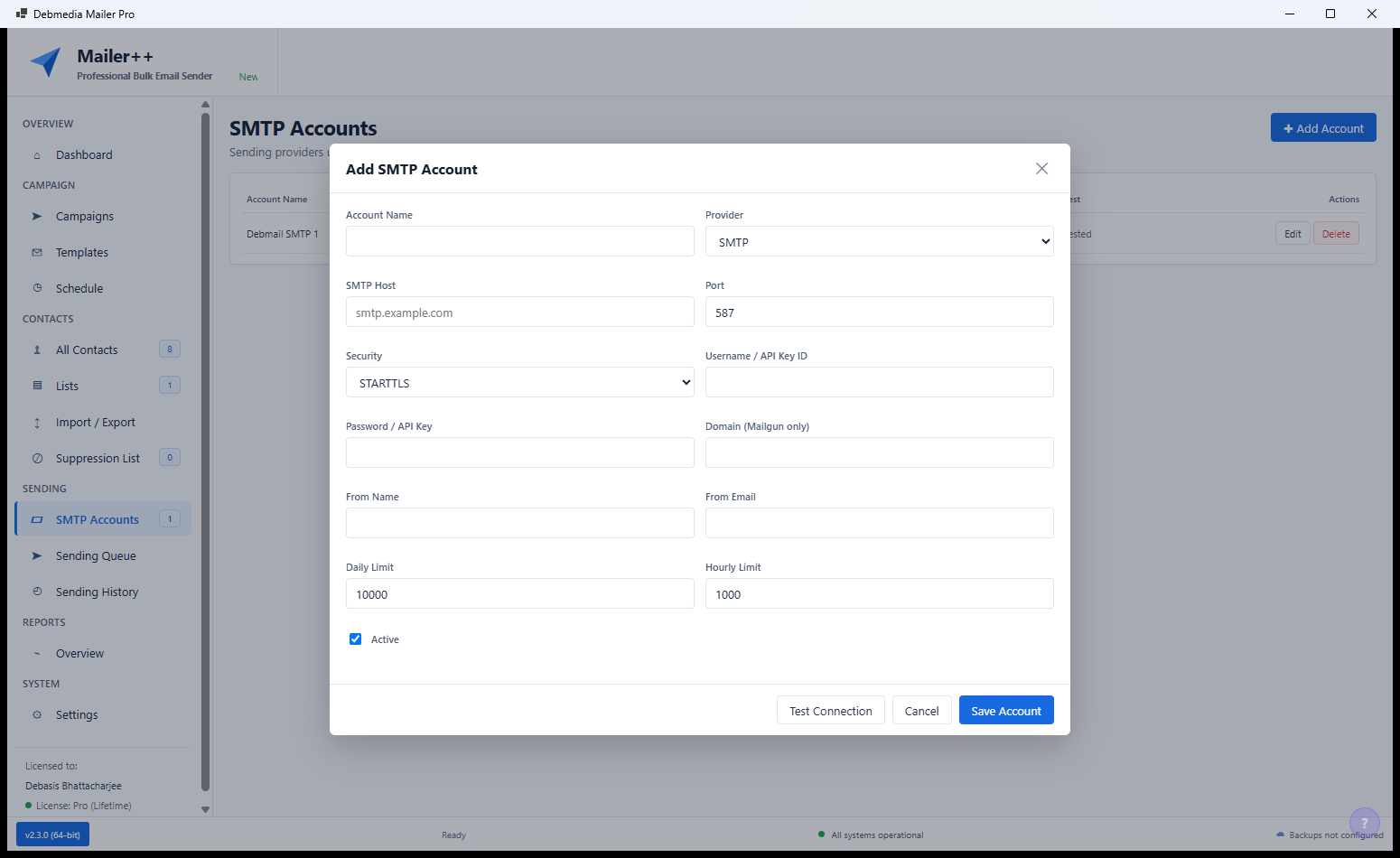 Mailer++ Domain Management showing sender domain configuration with SPF and DKIM DNS record setup instructions and verification status