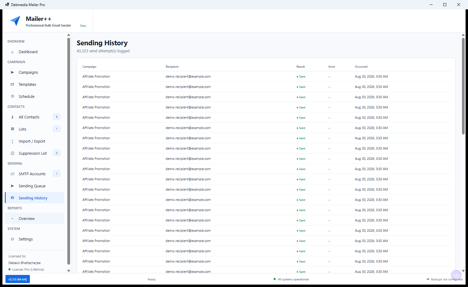 Mailer++ List Reports showing contact list growth chart, engagement rate trends over time and key list health metrics