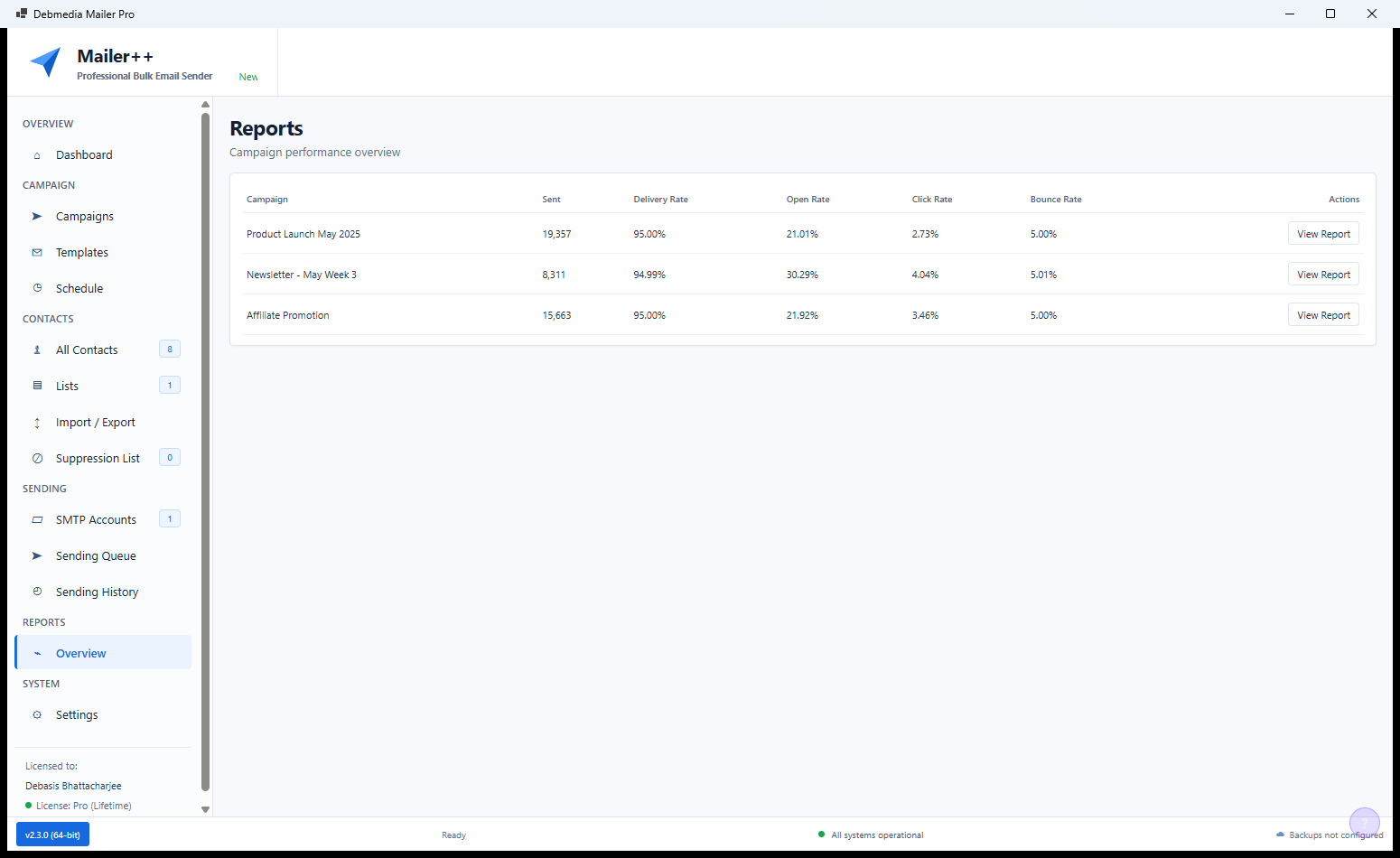Mailer++ Settings showing Sending Queue interval configuration, License section with activation status, and Recovery Logs terminal-style panel showing recent background operations