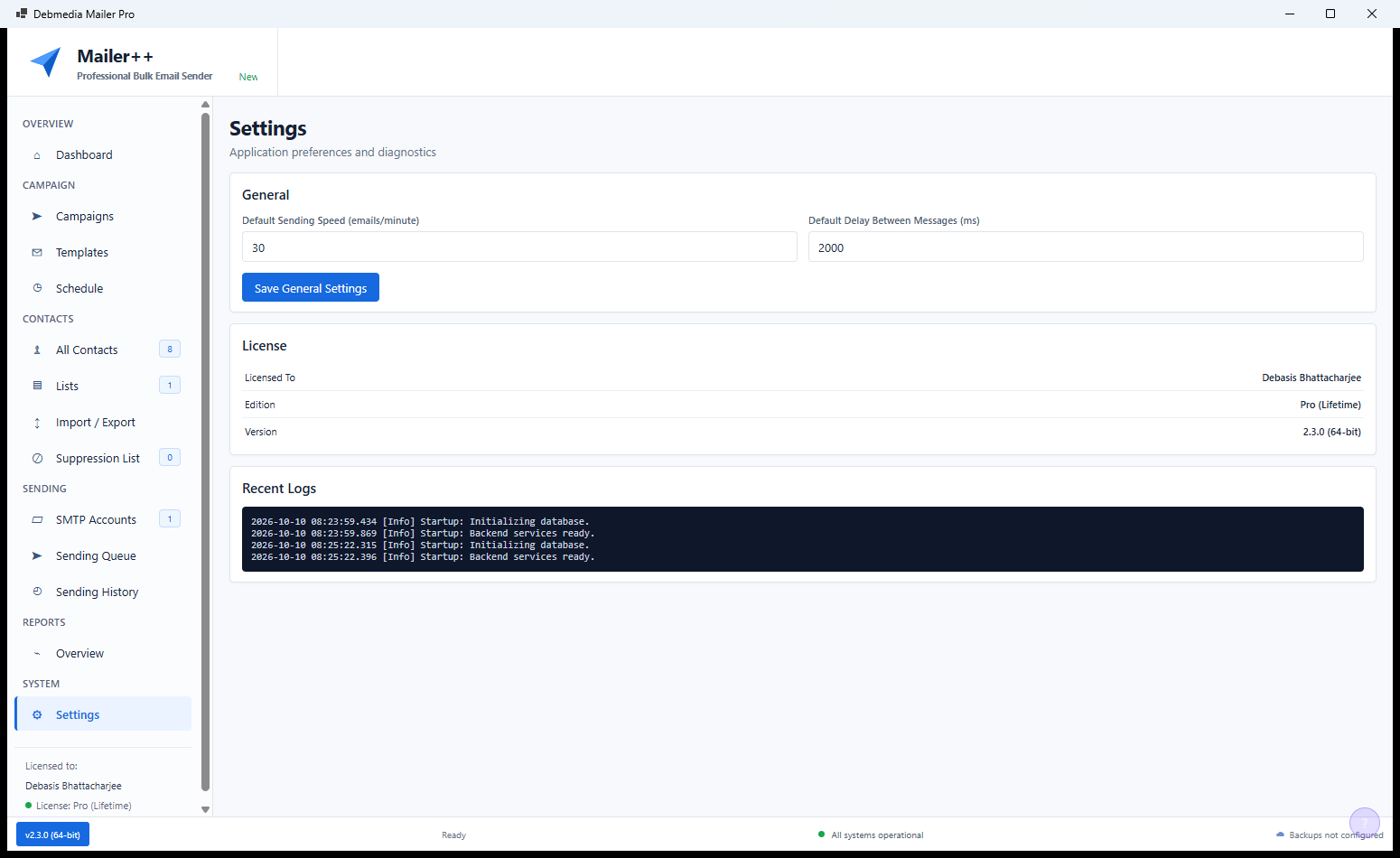 Mailer++ additional settings showing notification preferences, interface language, backup and restore options and data management settings