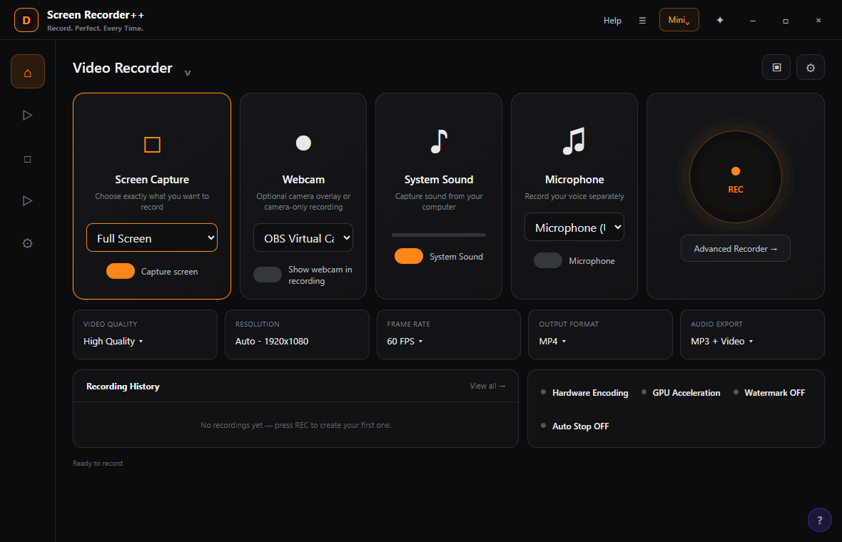 Screen Recorder++ showing the quality settings row with High Quality video, 1920x1080 resolution, 60 FPS, MP4 format and audio export options
