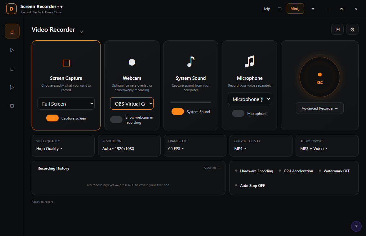 Screen Recorder++ with all four capture sources configured and ready — screen, webcam, system sound and microphone visible in their panels
