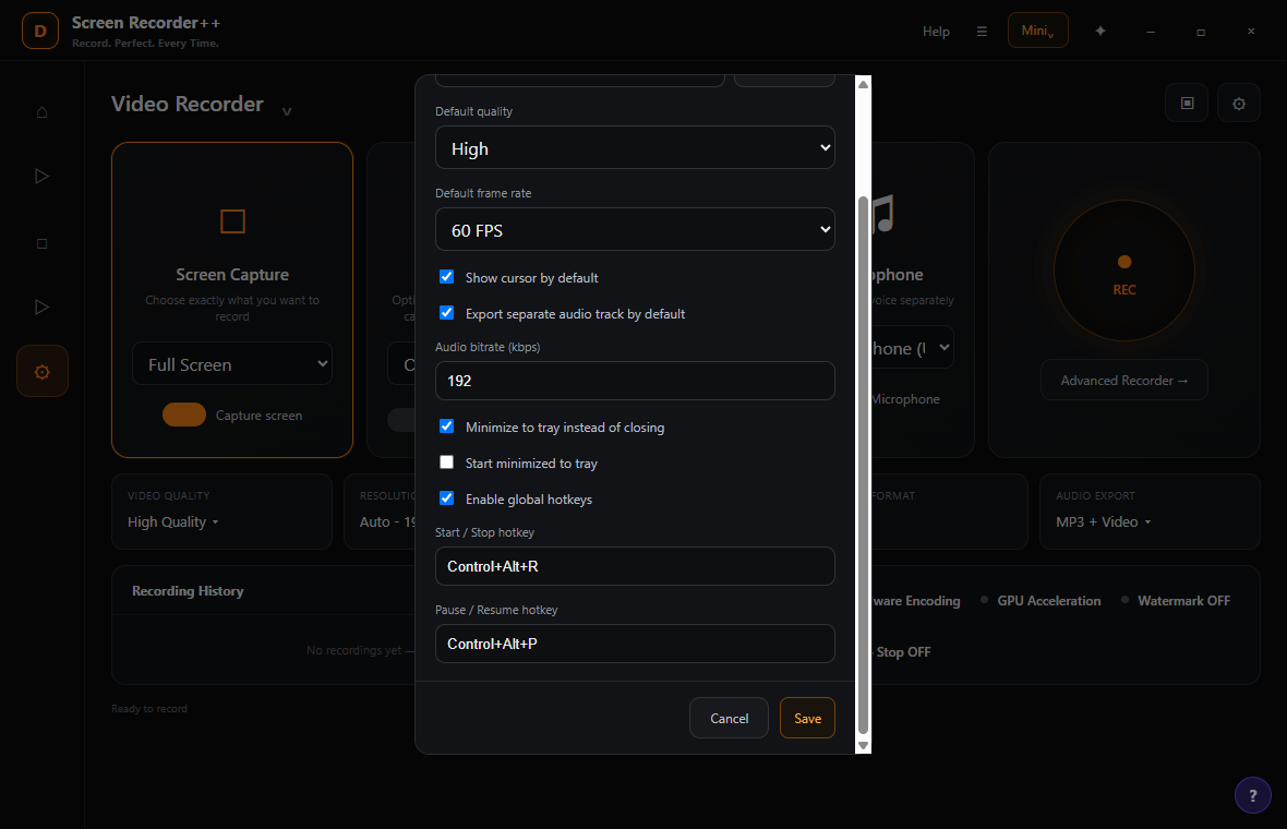Screen Recorder++ Settings dialog showing quality defaults, cursor visibility, audio track export, hotkey configuration and tray behaviour