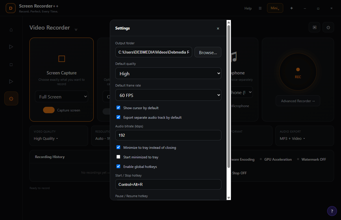 Screen Recorder++ Settings showing the Output Folder field at the top with a Browse button to change where recordings are saved