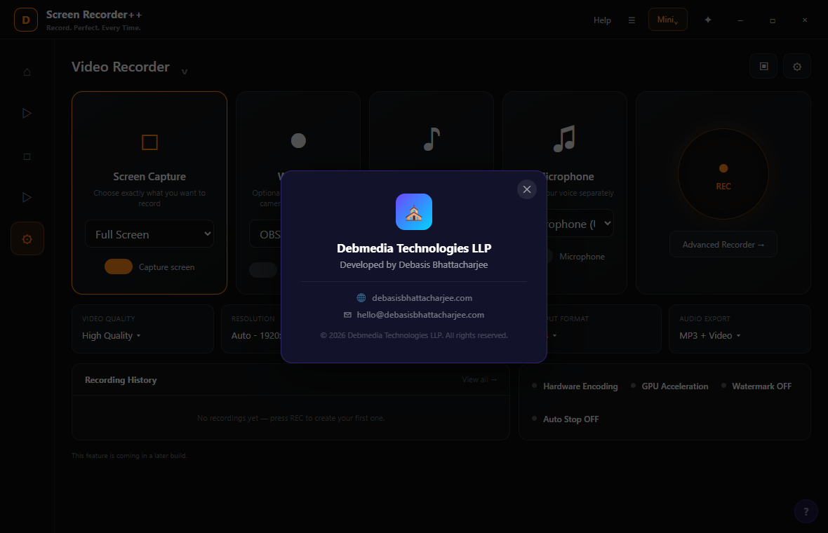 Screen Recorder++ About dialog showing Debmedia Technologies LLP branding, developer name, email and website