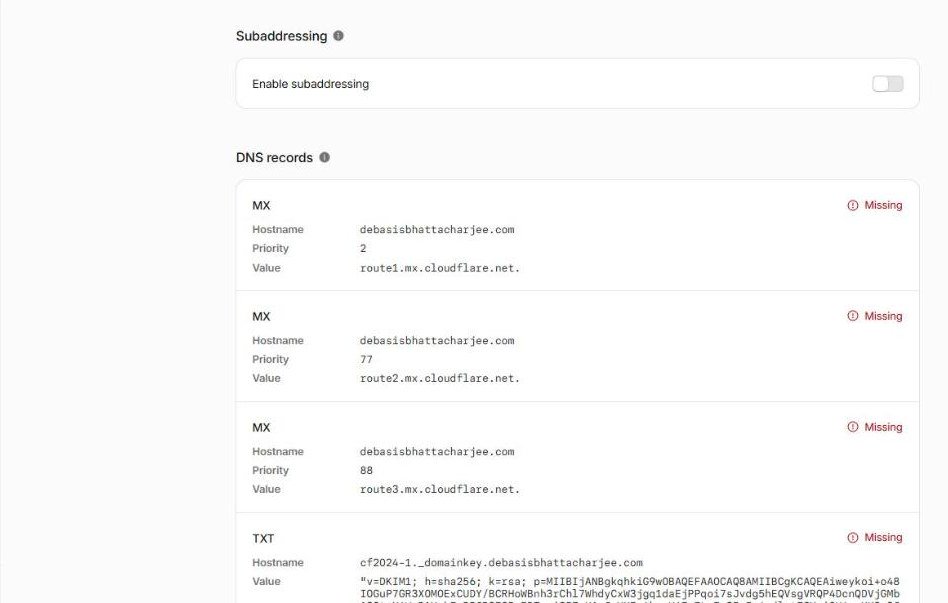 Cloudflare Email Routing DNS records listed as missing: three MX records and a DKIM record